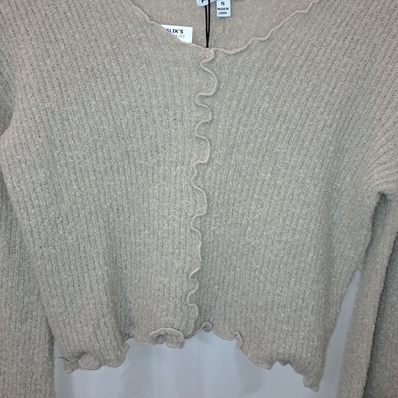 NWT Sz S Babydoll, Bell Sleeves Scalloped Edge Cropped Beige Sweater Boho - Picture 5 of 10